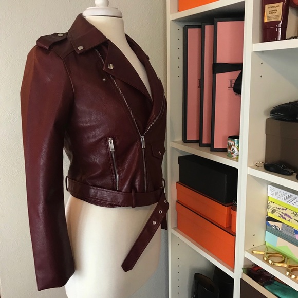 Burgundy Moto Biker Motorcycle Jacket - Maroon Red - Picture 6 of 7